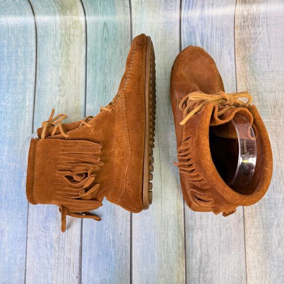 Minnetonka Tramper Ankle Boots Size 7 Leather Suede Lace Up Fringe Vintage Boho - Picture 4 of 8